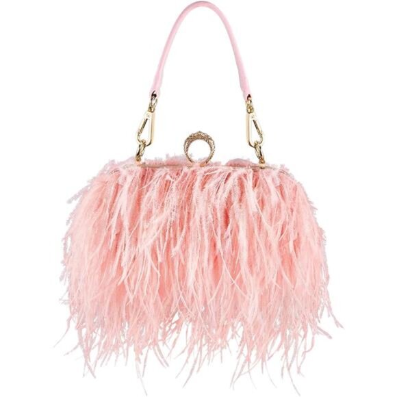 Women Ostrich Feather Tote Bag Fluffy Pink